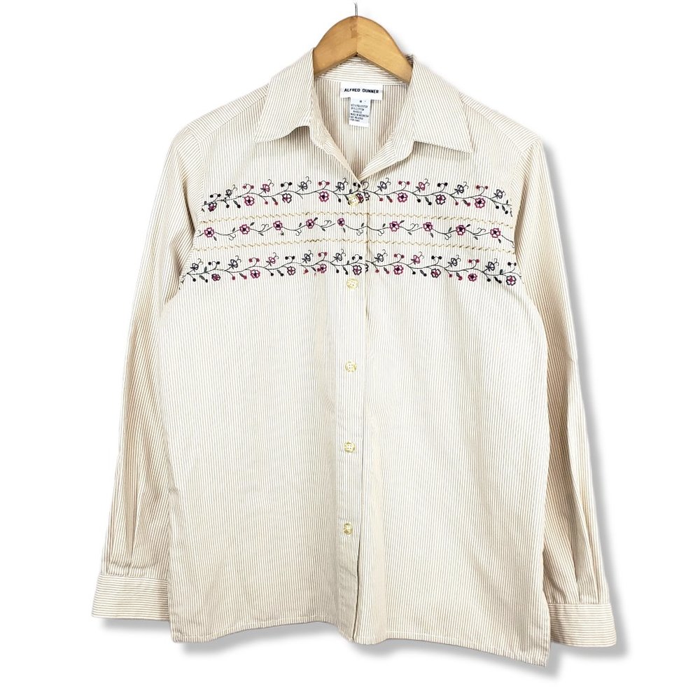 Alfred Dunner Cream and White Striped Floral Embroidered Button-up Size 8